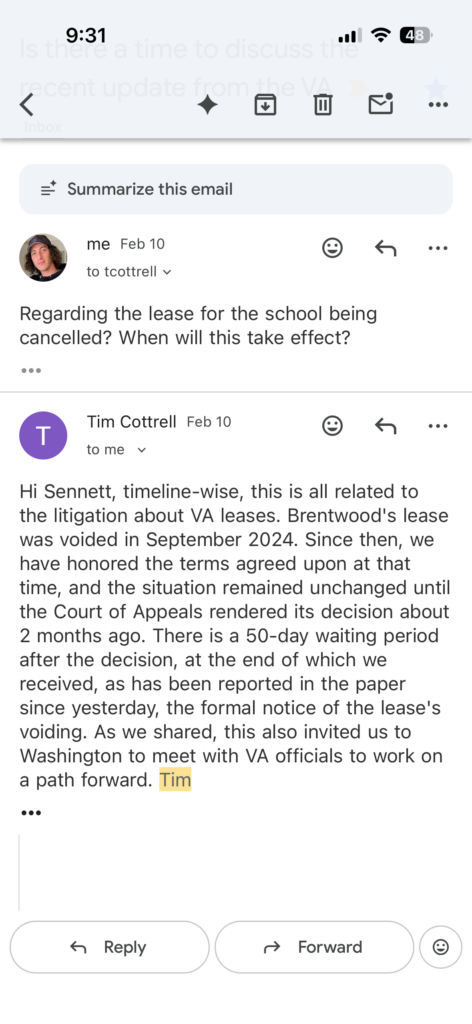 Brentwood School email from Tim Cottrell Head of School